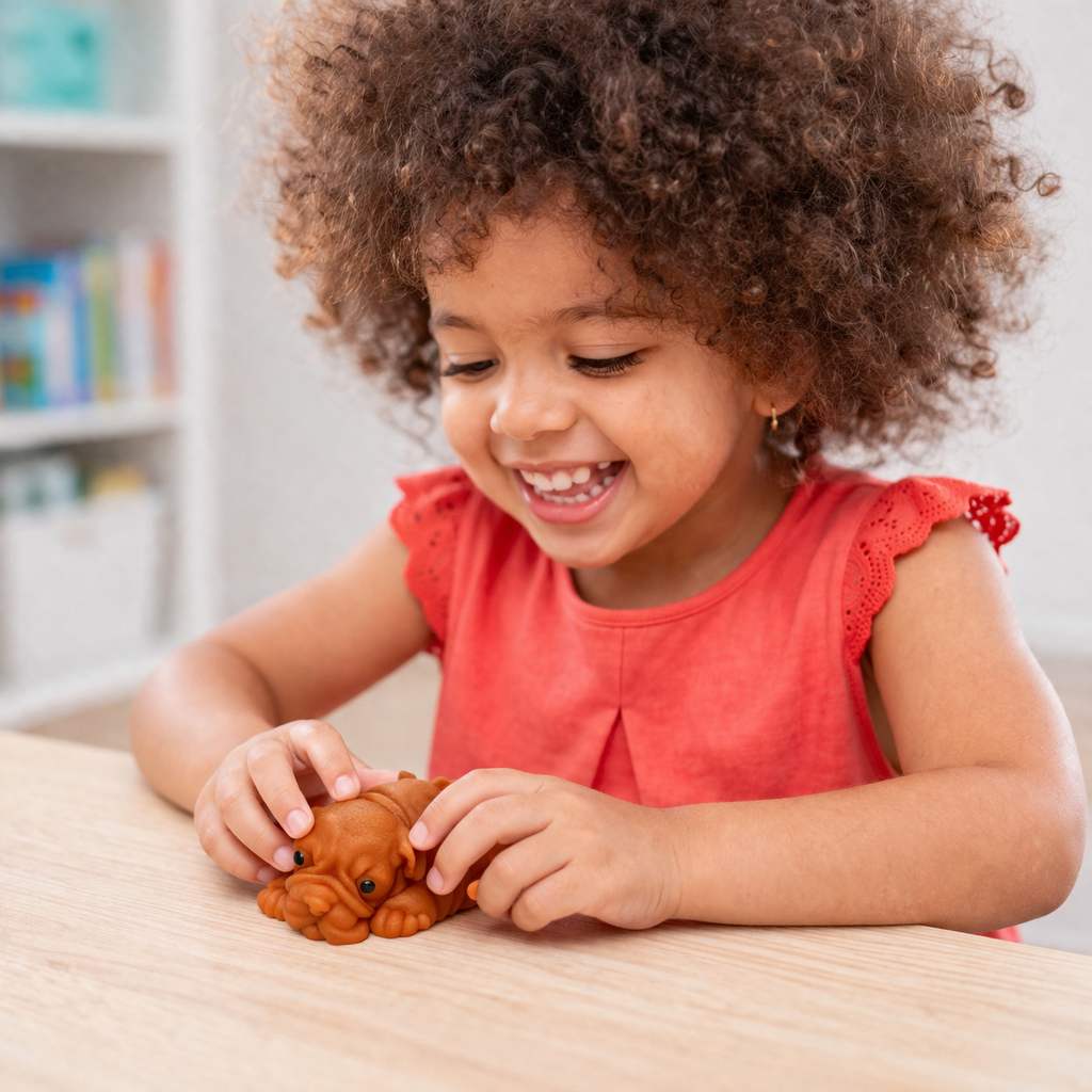 Child playing with a bulldog squishy toy on a table in a room with books in the background