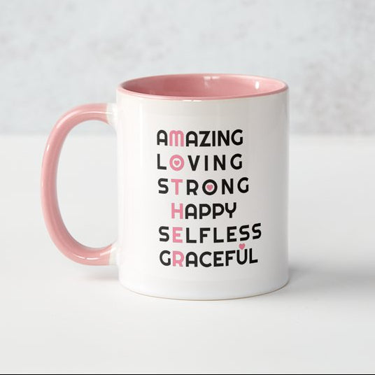 Mothers Day Mug - Pink and White - MOTHER words