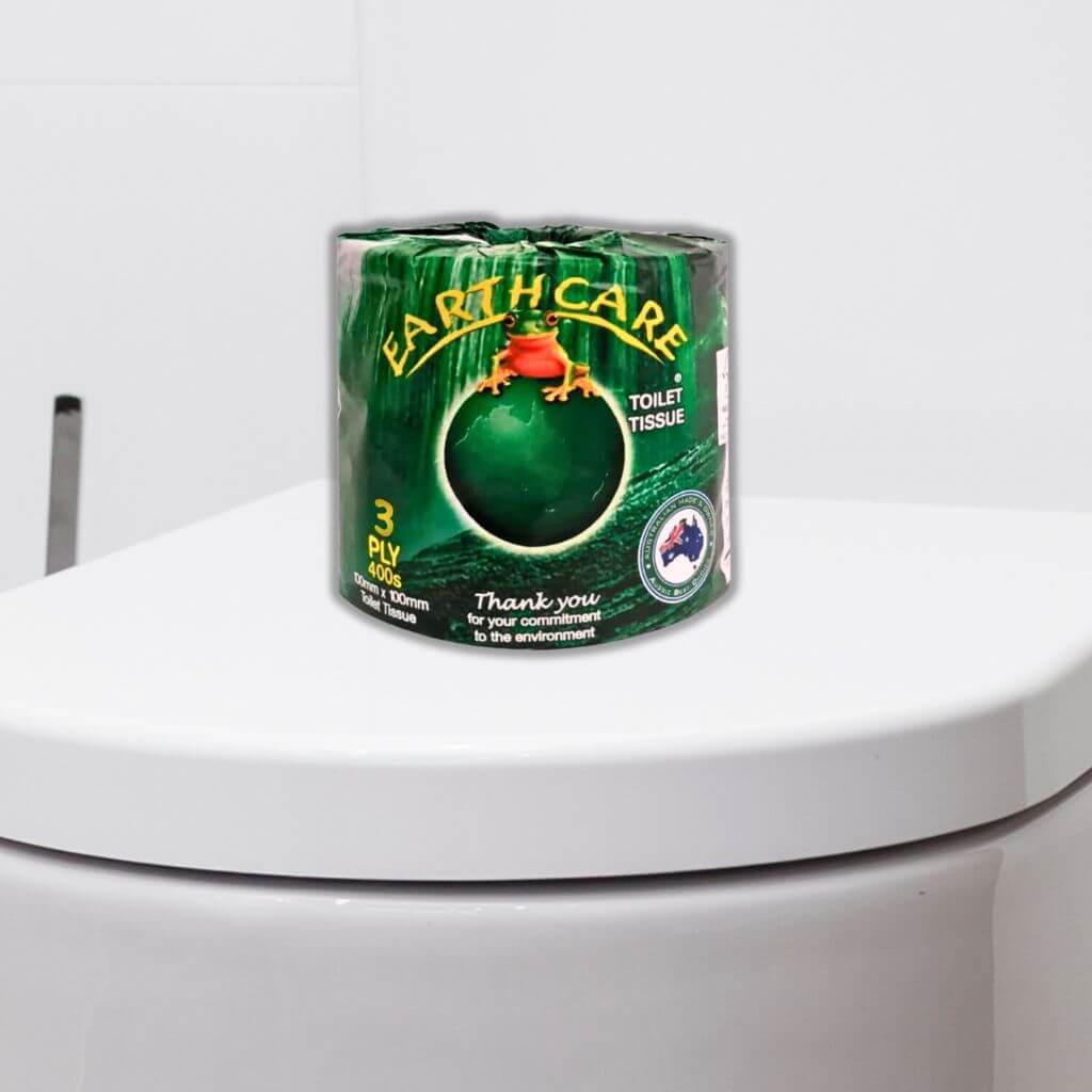 3ply Earthcare Toilet Paper on top of toilet