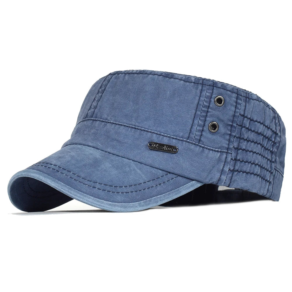 Vintage-Washed-Cotton-Military-Cadet-Army-Flat-Top-Cap