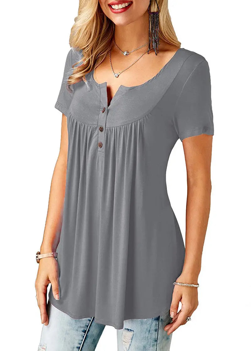 Womens Pleated Short Sleeve Loose Summer Top