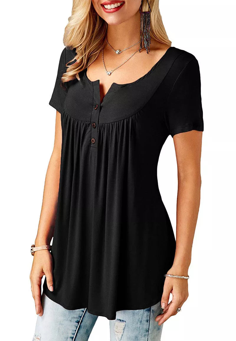 Womens Pleated Short Sleeve Loose Summer Top