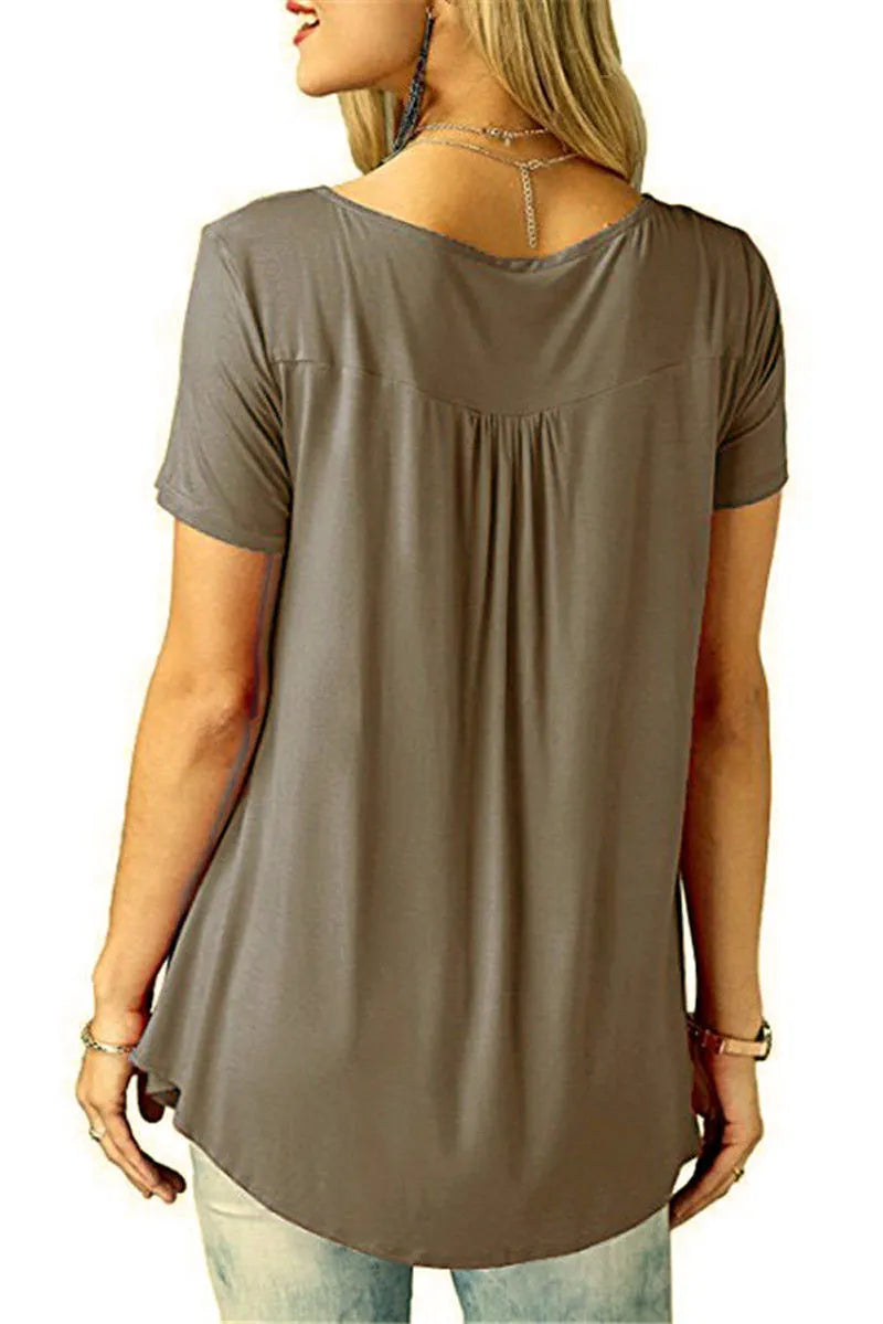 Womens Pleated Short Sleeve Loose Summer Top