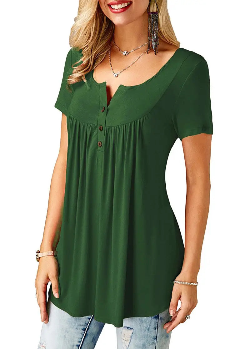 Womens Pleated Short Sleeve Loose Summer Top