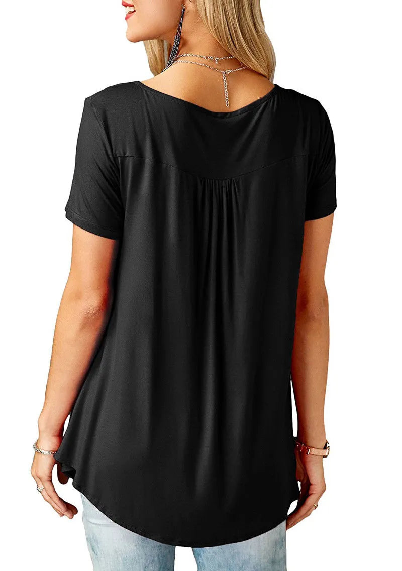 Womens Pleated Short Sleeve Loose Summer Top