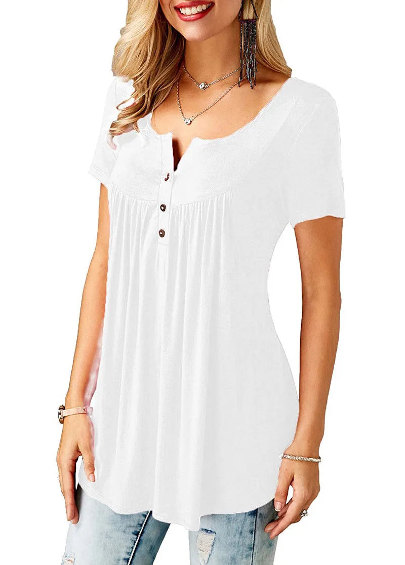 Womens Pleated Short Sleeve Loose Summer Top