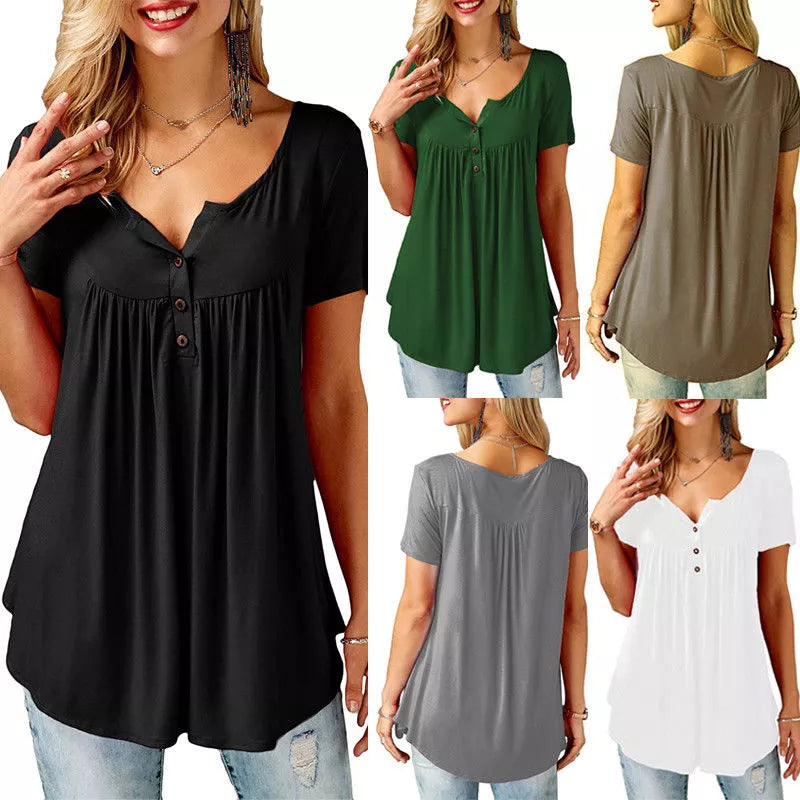 Womens Pleated Short Sleeve Loose Summer Top