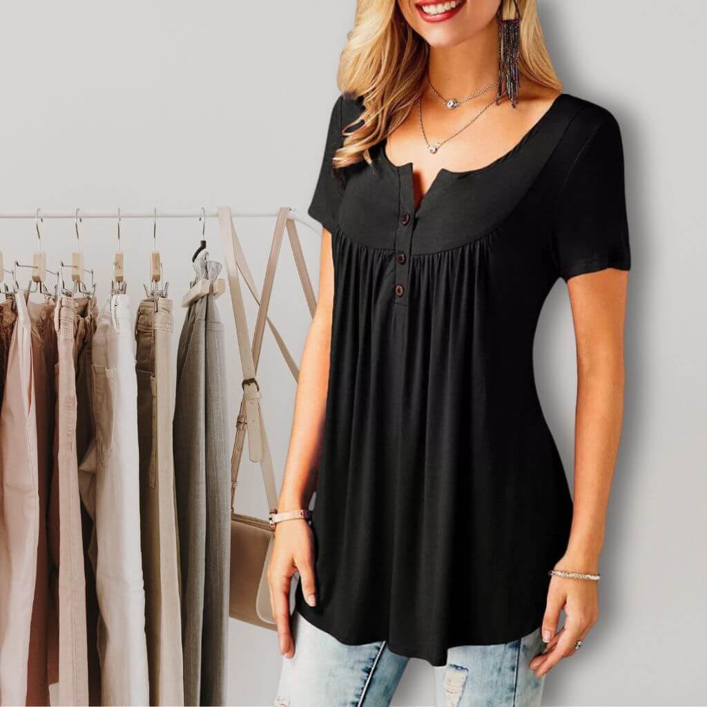 Womens Pleated Short Sleeve Loose Summer Top