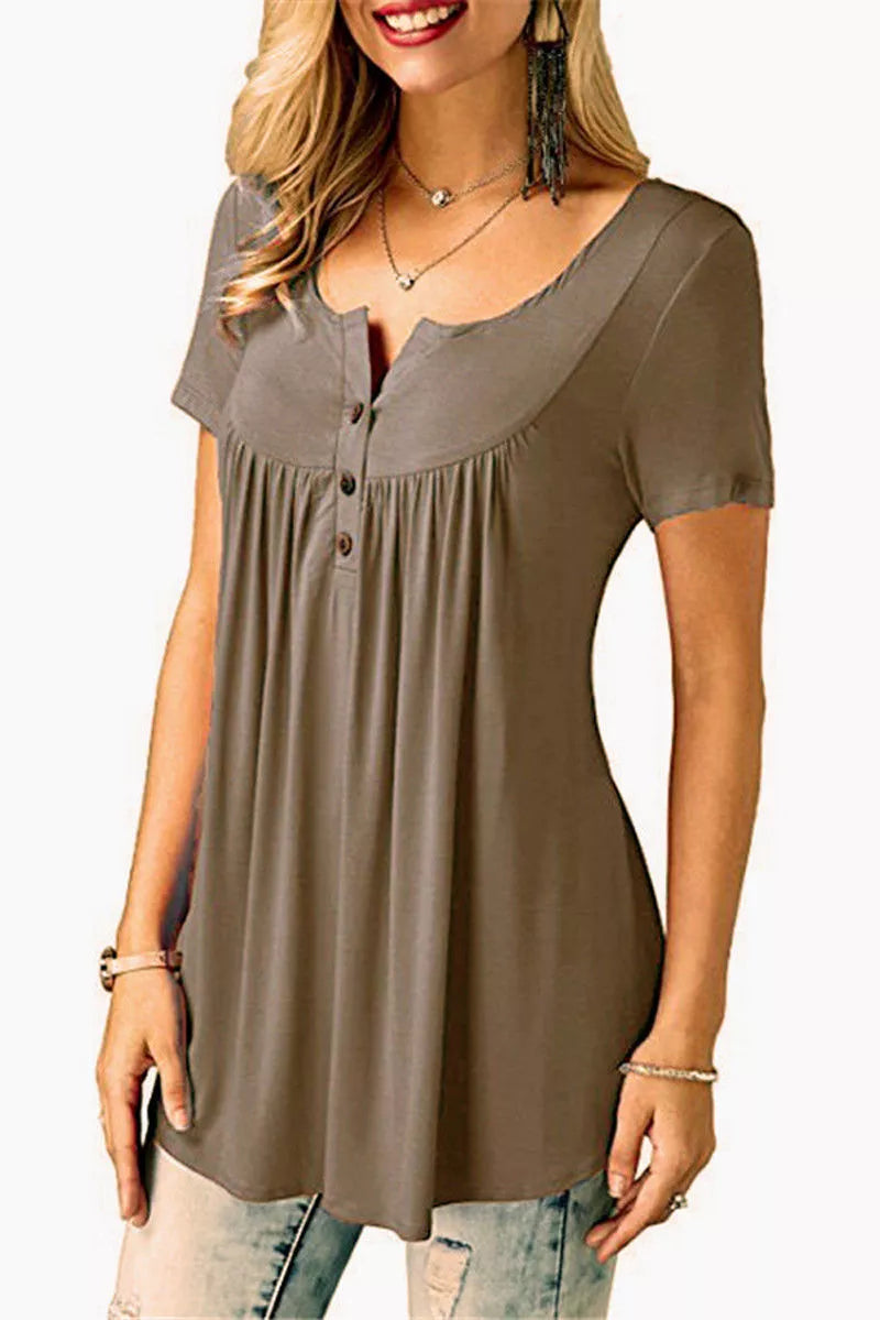 Womens Pleated Short Sleeve Loose Summer Top