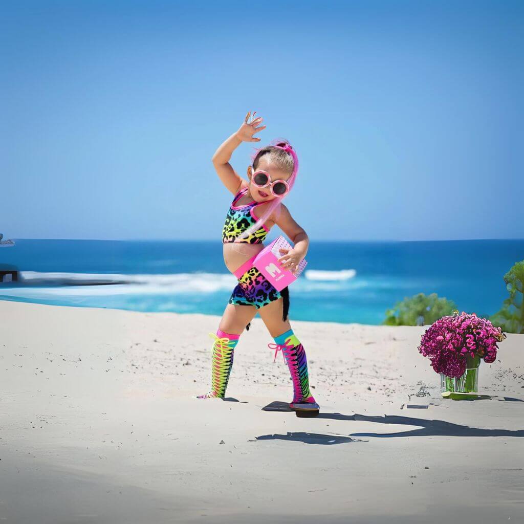 Little girl wearing colourful Madmia crazy socks on the beach