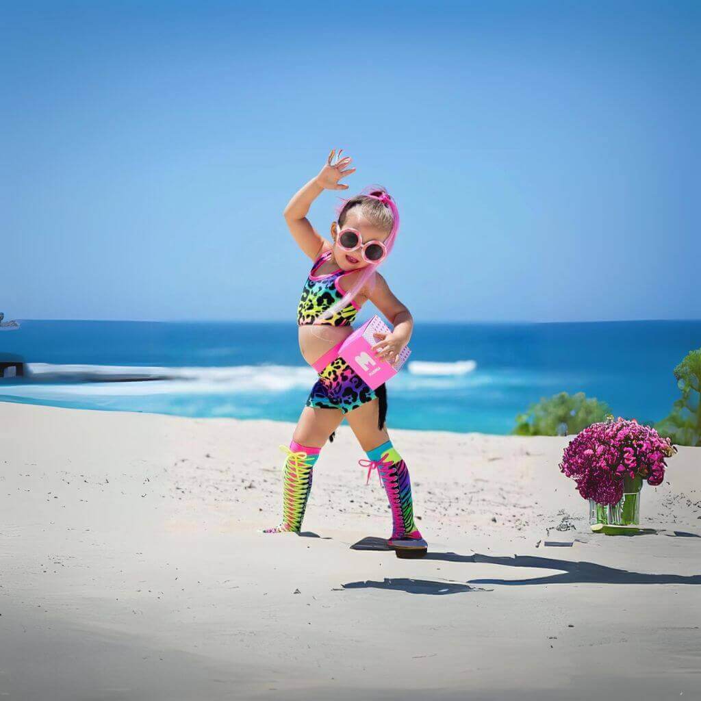 Little girl wearing colourful Madmia crazy socks on the beach