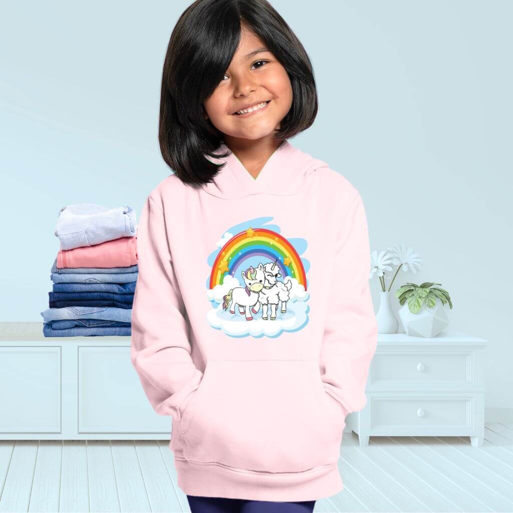 Girl in Pink Hoodie with Unicorn and Lambicorn BFF Print