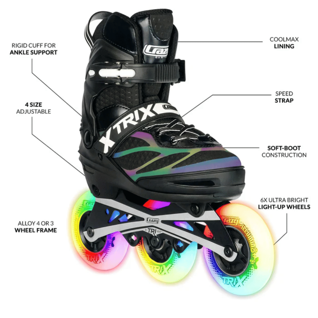TRIX 3 Wheel Size Adjustable Inline Skates with LEDs - Crazy Skates