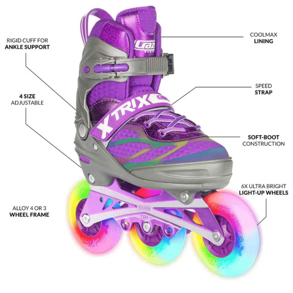 TRIX 3 Wheel Size Adjustable Inline Skates with LEDs - Crazy Skates