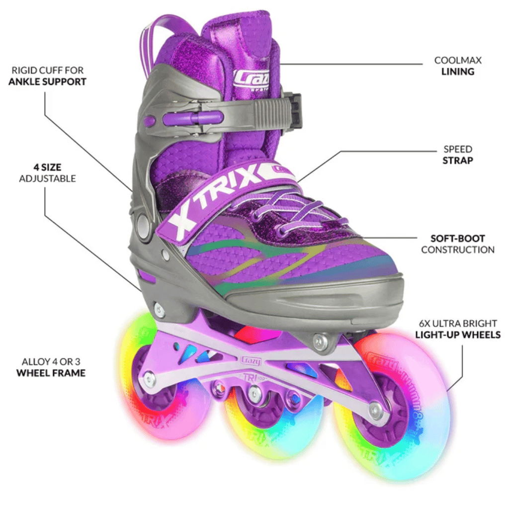 TRIX 3 Wheel Size Adjustable Inline Skates with LEDs - Crazy Skates