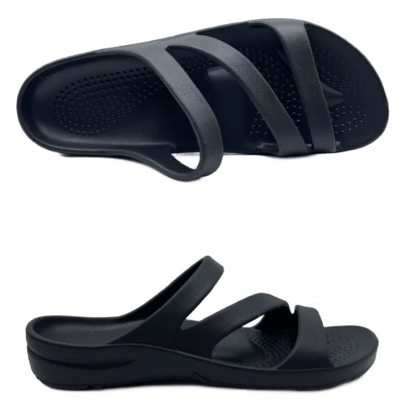 Black sandals with multiple straps on a white background