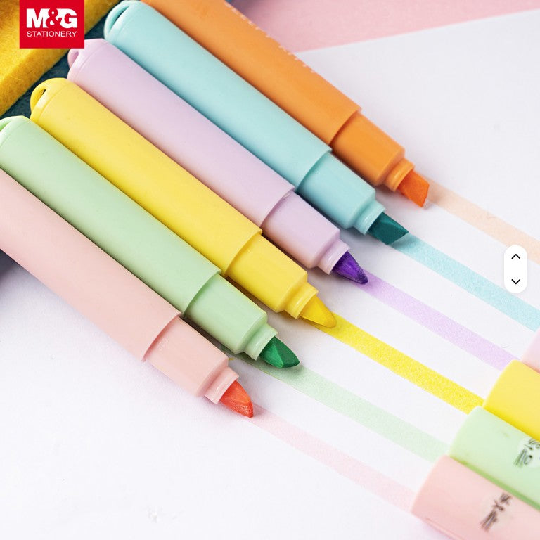 Set of colourful M&amp;G So Many Cats 6 cute pastel markers used to mark stripes on a white page