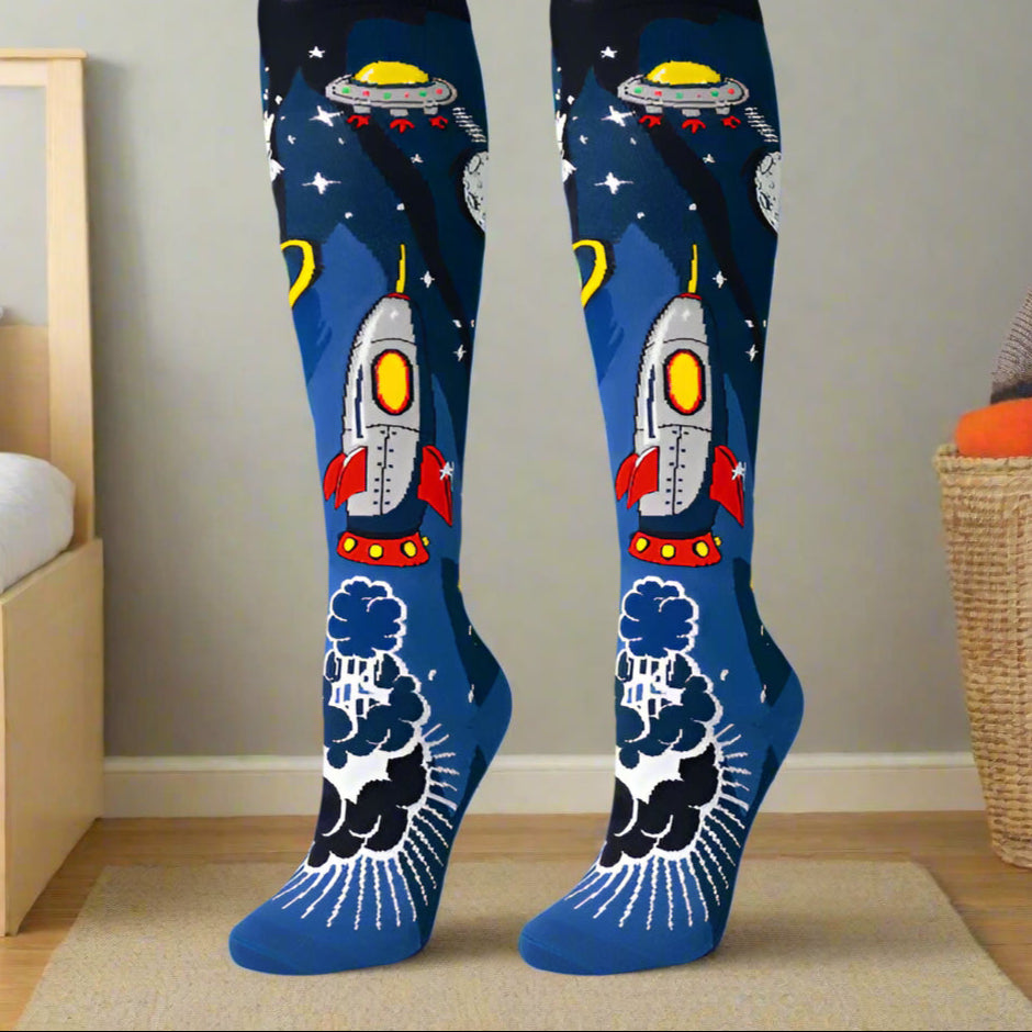 Rocket Ship Socks in Bedroom By Crazy Skates