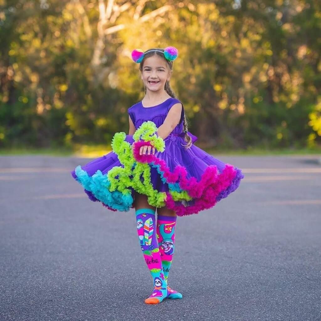 Sloth Aloha Vibes Socks - on Gi in big Tutu Skirted Dress - MADMIA
