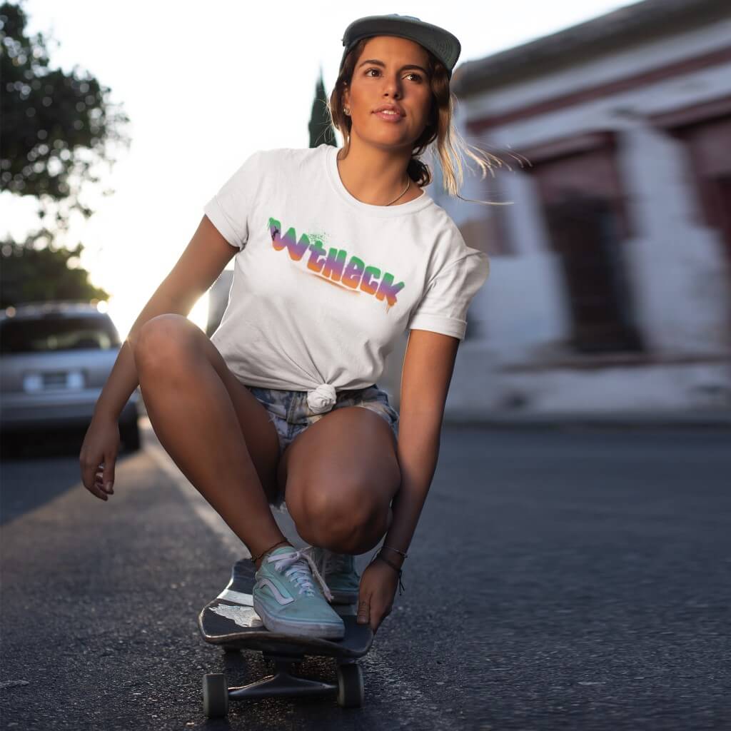 WtHeck Womens White TShirt Front Model on Skateboard