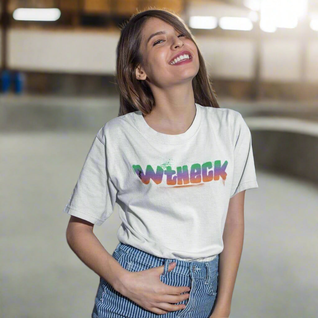 Wtheck Classic T-Shirt White Girl Smiling with Thumb in Belt Loop