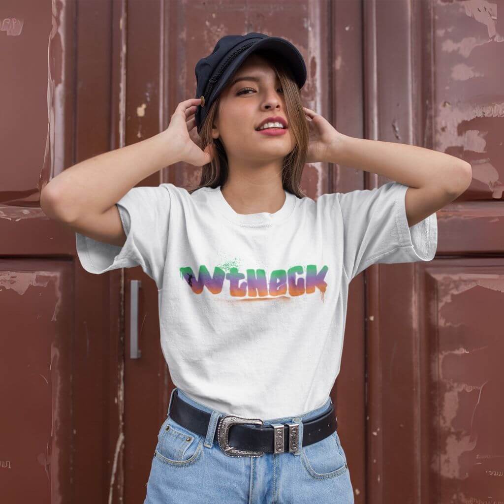 Wtheck Classic T-Shirt White Girl Smiling with cap on