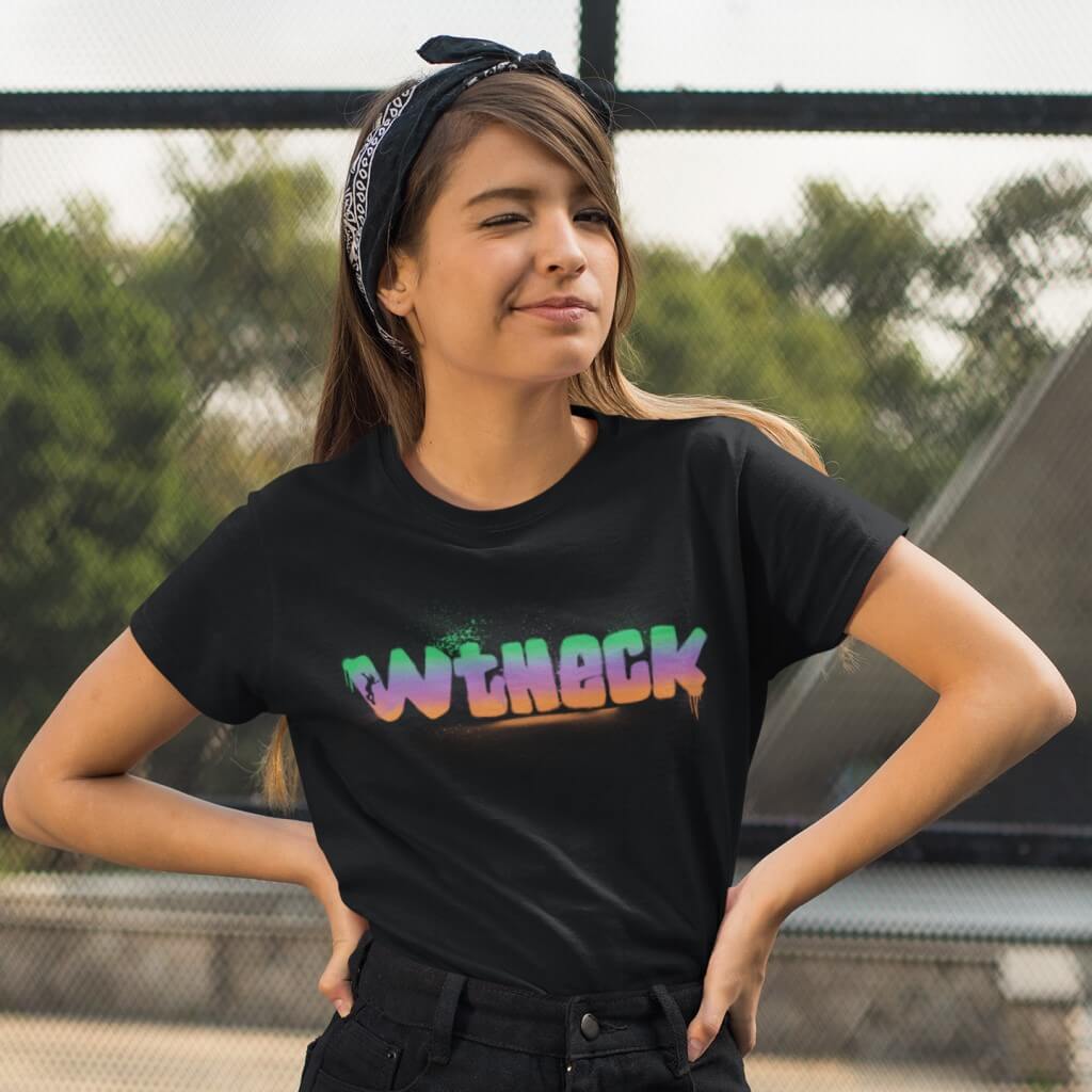 Wtheck Womens Black TShirt Front Model Winking