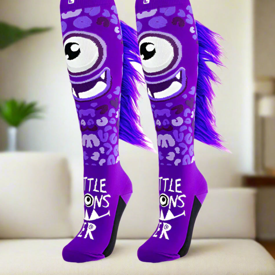 Purple monster socks in  lounge by Crazy Skates